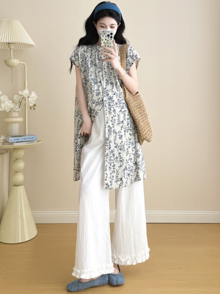 Maternity Wear Summer Style 2026 New Set with a High-End Feel, Summer Floral Shirt and Wide-Leg Pants Two-Piece Set