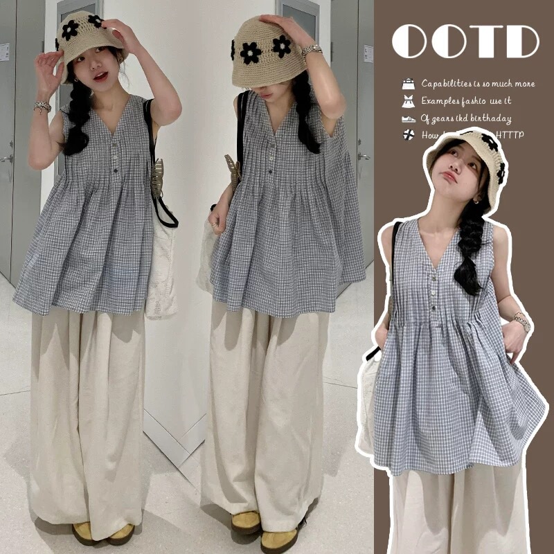 Maternity Summer Outfit Set, Casual Style Sleeveless Shirt, Plaid Top Two-Piece Set, Petite Wide-Leg Pants for Summer Maternity Summer Outfit Set, Casual Style Sleeveless Shirt, Plaid Top Two-Piece Set, Petite Wide-Leg Pants for Summer