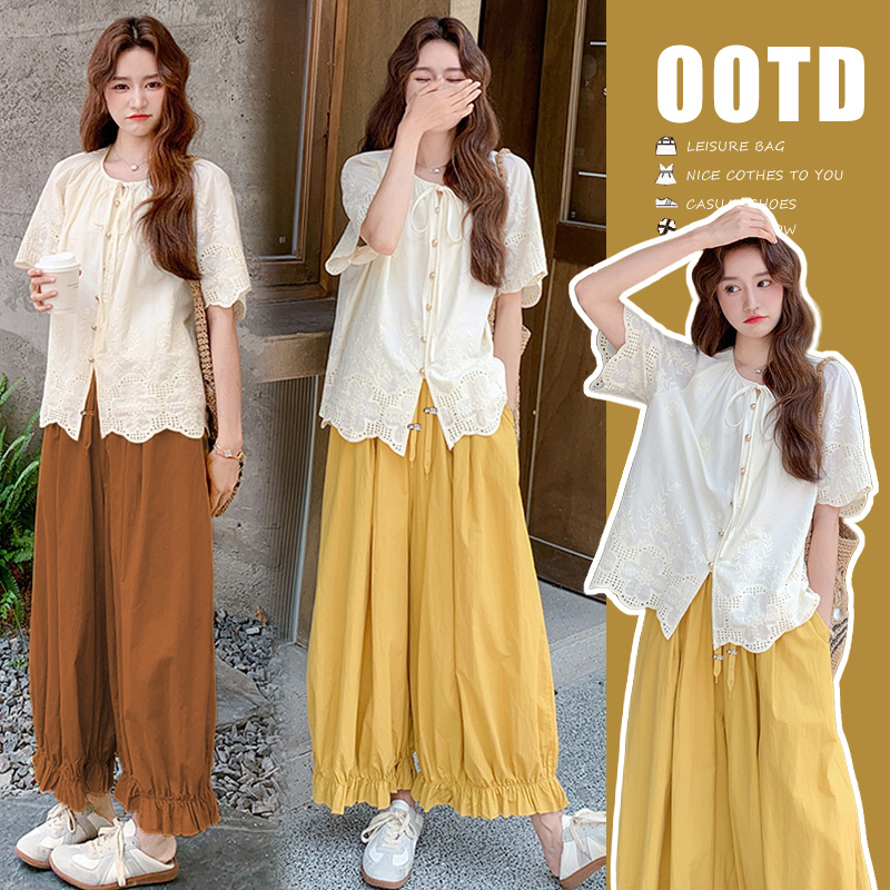Maternity Summer Outfit Set, Fashionable and Loose-Fitting for Pregnancy, Slimming Embroidered Lace Top, Summer Floral Wide-Leg Pants