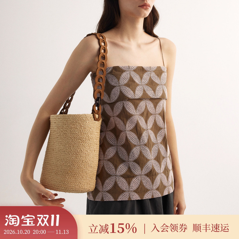 In-Stock Emi Solafai Grass Cylindrical Shoulder Bag, Hand-Woven Bucket Bag, Summer Vacation Straw Bag, Vacation