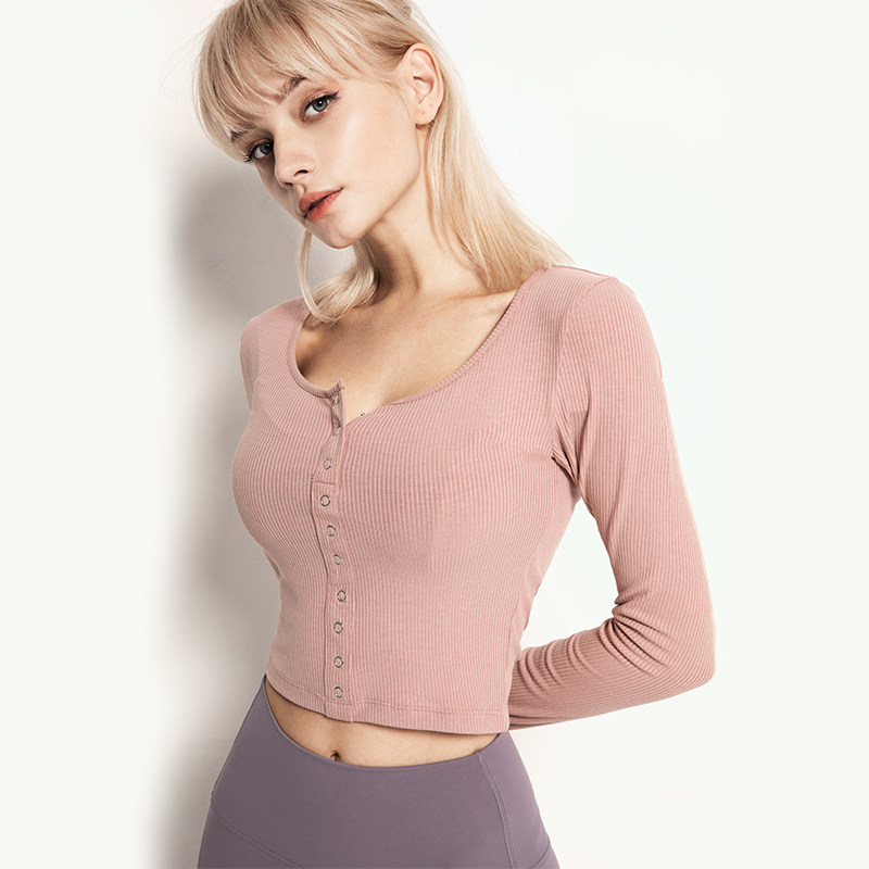 Beautiful photos I go to sports buttons Thread Fitness Long Sleeves Slim T-shirt Slim T-shirt Mesh Red Yoga Clothes Training Blouse