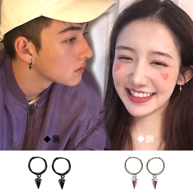 S925 silver personality male style cool handsome earrings South Korean temperament ear ring hip hop trendy couple ear pin black earrings
