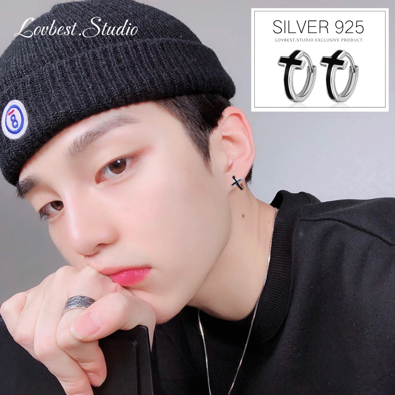 New 925 Sterling Silver Cross Earrings Single Fashion Net Red Thick Couple Earrings Tide Ear Needles Men and Women Earrings