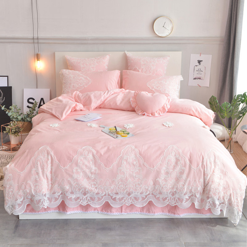 JERYOUN high-end light luxury lace four-piece set of cotton pure cotton edge girl heart princess style solid color bedding 1 8