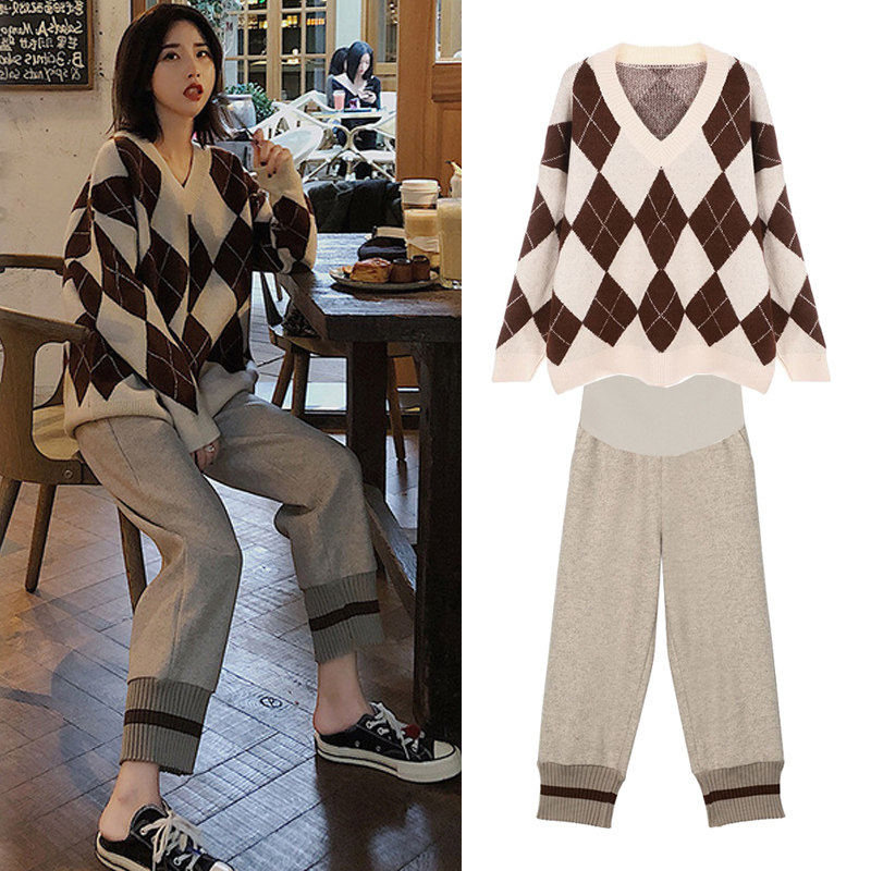 Pregnant women spring winter fashion set autumn and winter style loose outdoor sweater mom two pieces of gas annually
