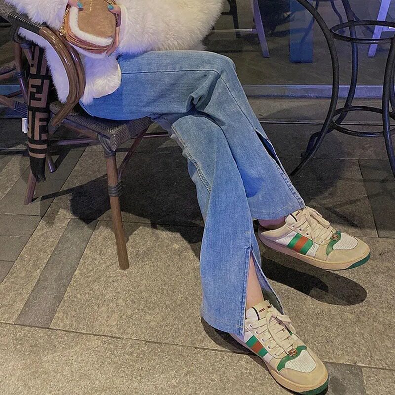 Pregnant woman pants spring and autumn outside wearing open fork long pants straight cylinder wide leg horn denim jeans child care spring dress new thin section