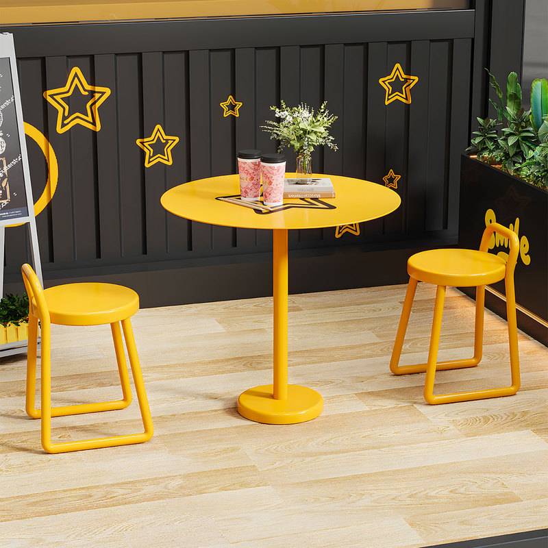 Outdoor Tables and Chairs, Yellow Round Table, Small Apartment Dining Table and Chair Set, Leisure Table and Chair Set for Milk Tea Shop, Leisure Table and Chairs