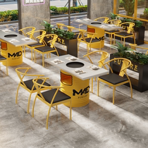 Industrial style table and chair combination wrought iron hot pot table Korean barbecue restaurant restaurant barbecue shop internet celebrity stainless steel dining table