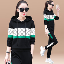 Fashion splicing hooded sweater suit women spring and autumn 2021 New Korean casual slim sportswear two-piece
