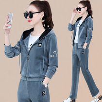 New sports set women autumn three-piece corduroy three-piece sweater 2021 large size loose spring and autumn casual wear