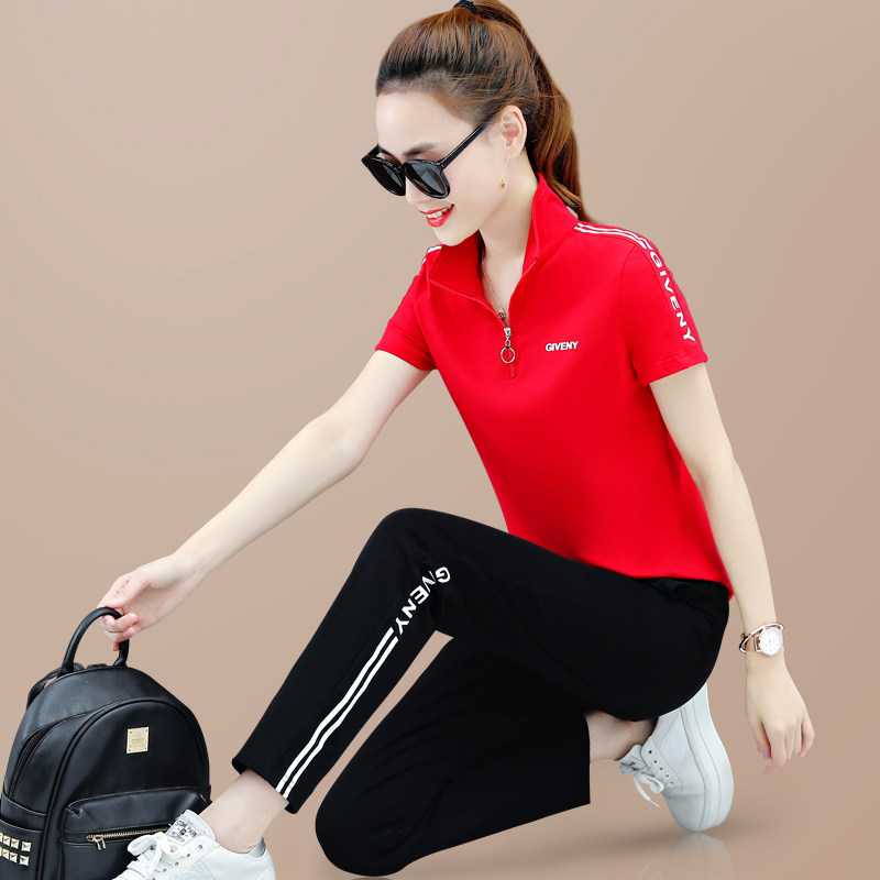 Sports Suit Women Summer 2022 New Loose Pure Cotton Casual Foreign Pie Big Size Short Sleeve Long Pants Summer Dress Sportswear