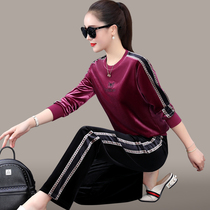 Spring and autumn leisure sports suit women 2021 New Fashion loose slim big size gold velvet sweater two-piece set