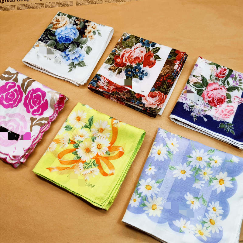 Vintage Light Luxury Floral Pattern Women's Pure Cotton Handkerchief Square Scarf Headscarf Retro Portable Bag Decoration Square Scarf 2