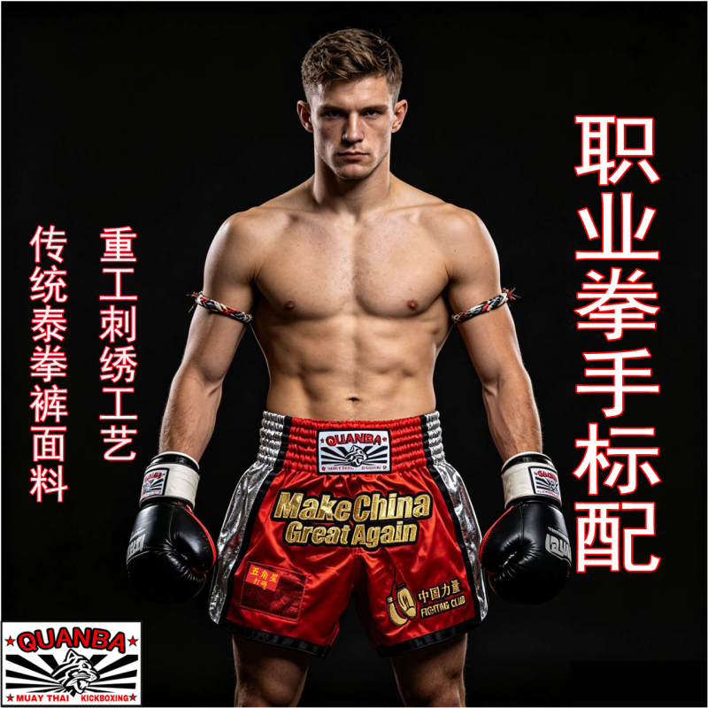 Quanba Heavy Industry Embroidery Chinese Power Fighting Muay Thai Shorts Breathable Satin Fitness Shorts Quanba Heavy Industry Embroidery Chinese Power Fighting Muay Thai Shorts Breathable Satin Fitness Shorts