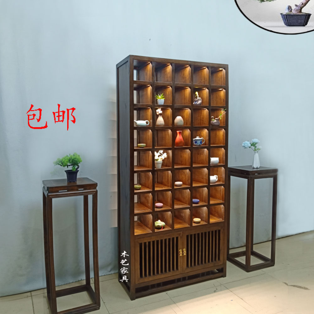 Solid Wood purple clay pot display shelf small object rack teapot tea cup tea set storage Elm grid cabinet partition