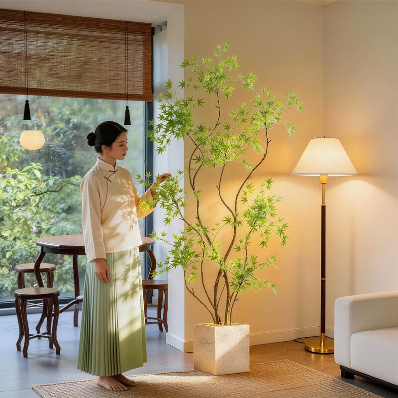 Simulated Plant Maple Tree Next to the Sofa, Bionic Green Plant Potted Plant, High-End Realistic Floor-Standing Large Artificial Tree Ornament