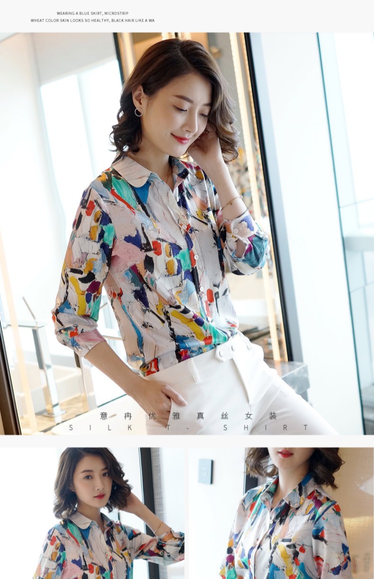 Áo xuân hè Ý mới của phụ nữ áo sơ mi lụa nữ dài tay in áo lụa rộng kích thước lớn áo voan