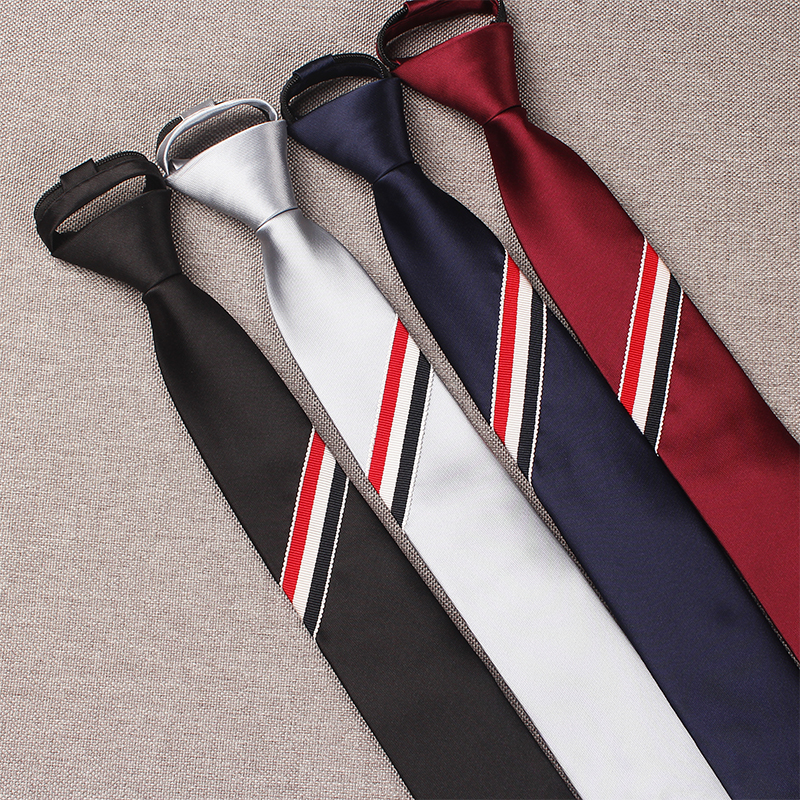 Men's tie lazy TB three-color strip hair salon Korean version of the narrow trendy 6CM zipper easy to pull black silver gray navy blue burgundy