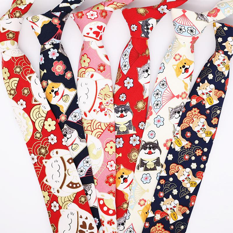 Tie Men Girl Girls Cartoon Pattern Tricks Kitty Cat Pooch Casual Creative Han Edition Decoration Large Red Powder Cotton Linen