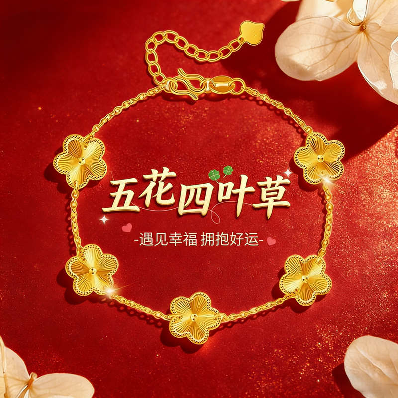 Official Flagship Store Authentic/ Five-Leaf Clover Bracelet for Women, Hello Kitty Jewelry, Gift for Girlfriend, Valentine's Day, Gold-Plated Silver Official Flagship Store Authentic/ Five-Leaf Clover Bracelet for Women, Hello Kitty Jewelry, Gift for Girlfriend, Valentine's Day, Gold-Plated Silver