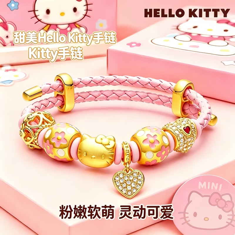 Official Genuine/Hellokitty Cat Bracelet for Women, Kt Cat Pendant, Gift for Girlfriend, Valentine's Day Gold-Plated Silver Gift