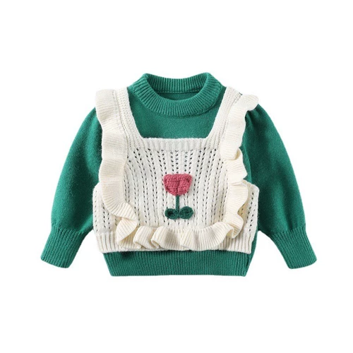 Детский комплект, трикотажный жилет, шерстяной свитер, демисезонное термобелье, детская одежда, в корейском стиле, в цветочек