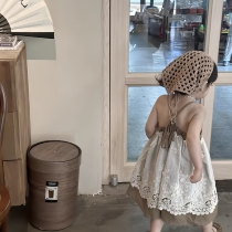 (Free headscarf) Girls style hollow suspender skirt childrens lace dress trendy headscarf