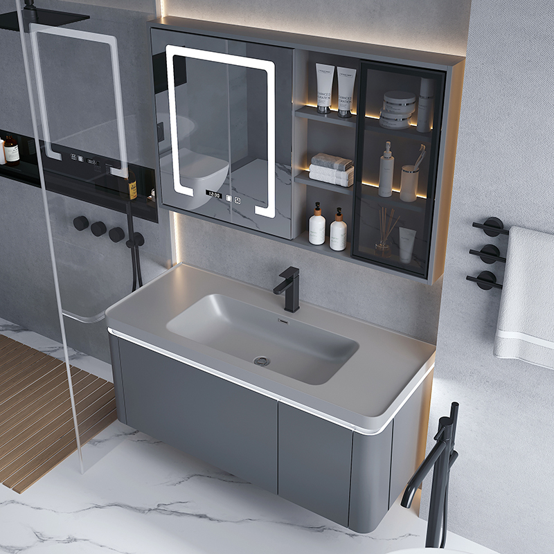 Elegant Stone-Like Integrated Basin Bathroom Cabinet Set, Simple Washroom Vanity with Sink and Washbasin, Bathroom Suite Elegant Stone-Like Integrated Basin Bathroom Cabinet Set, Simple Washroom Vanity with Sink and Washbasin, Bathroom Suite