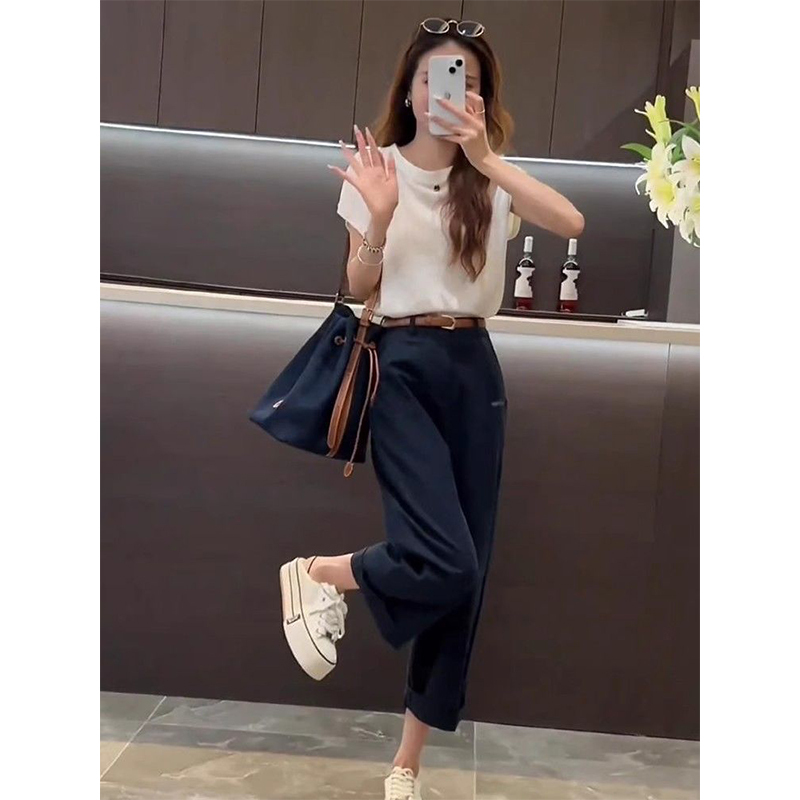 2026 Summer New Fashion Outfit Stylish Solid Color Top Slimming T-Shirt Casual Sports Pants Two-Piece Set