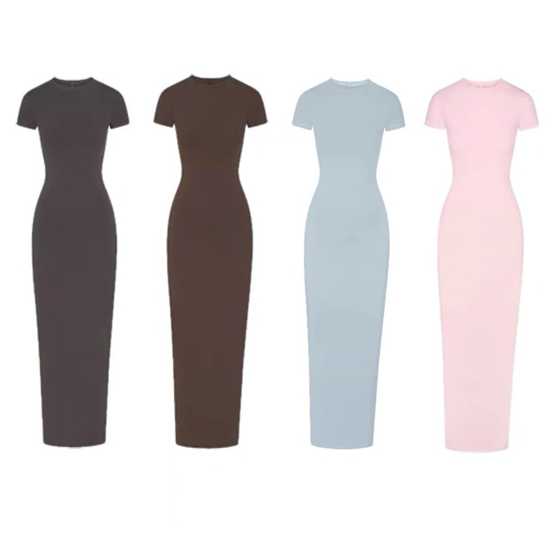 Skims Kardashian-Style Slit Ribbed Bodycon Short-Sleeve Dress Slim Fit Long Dress