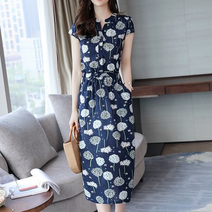 2018新款复古民族风碎花短袖棉绸连衣裙女夏