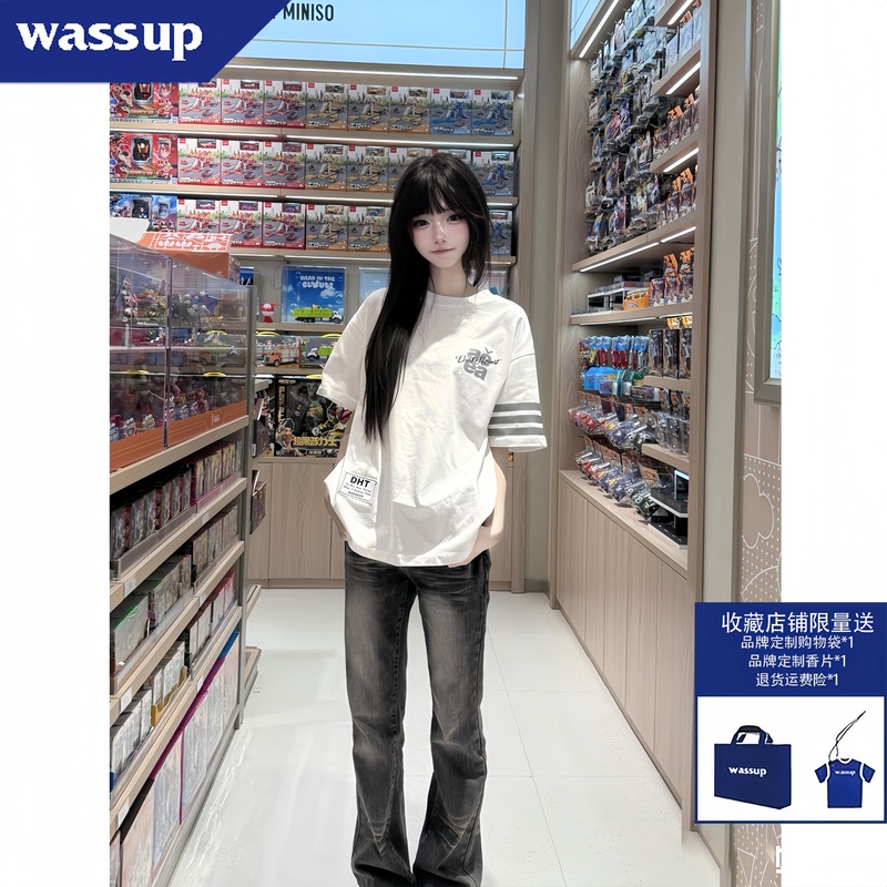 Wassup American High Street Style Three-Stripe Embroidered Short-Sleeve T-Shirt for Girls, Suitable for Middle and High School Students, Loose Fit Top