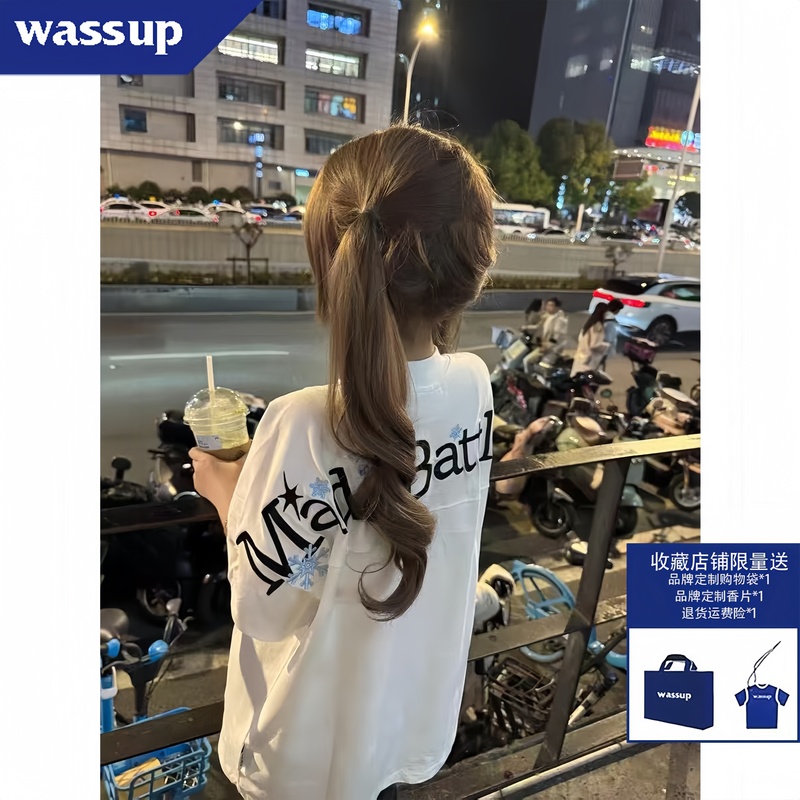 Wassup American Style Trendy Brand Snowflake Letter Embroidered Short-Sleeved T-Shirt for Girls, Loose Top for Middle and High School Students