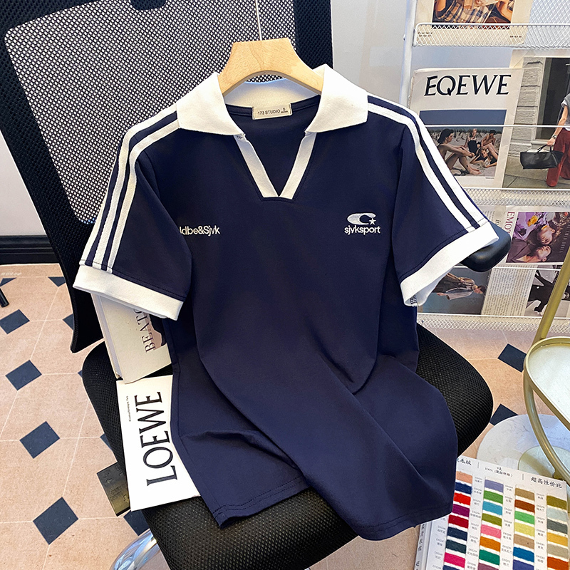 Csvq American-Style Three-Stripe Navy Blue V-Neck Polo Shirt Short-Sleeved Women's Slim-Fit Sweet and Cool Sporty Casual Pure Cotton T-Shirt