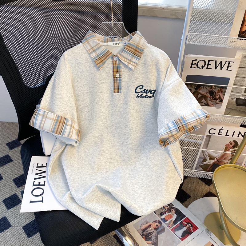 Csvq Original Letter Embroidered Two-Piece Style American Plaid Collar Polo Shirt for Women, Short-Sleeved Summer College Style Top T-Shirt