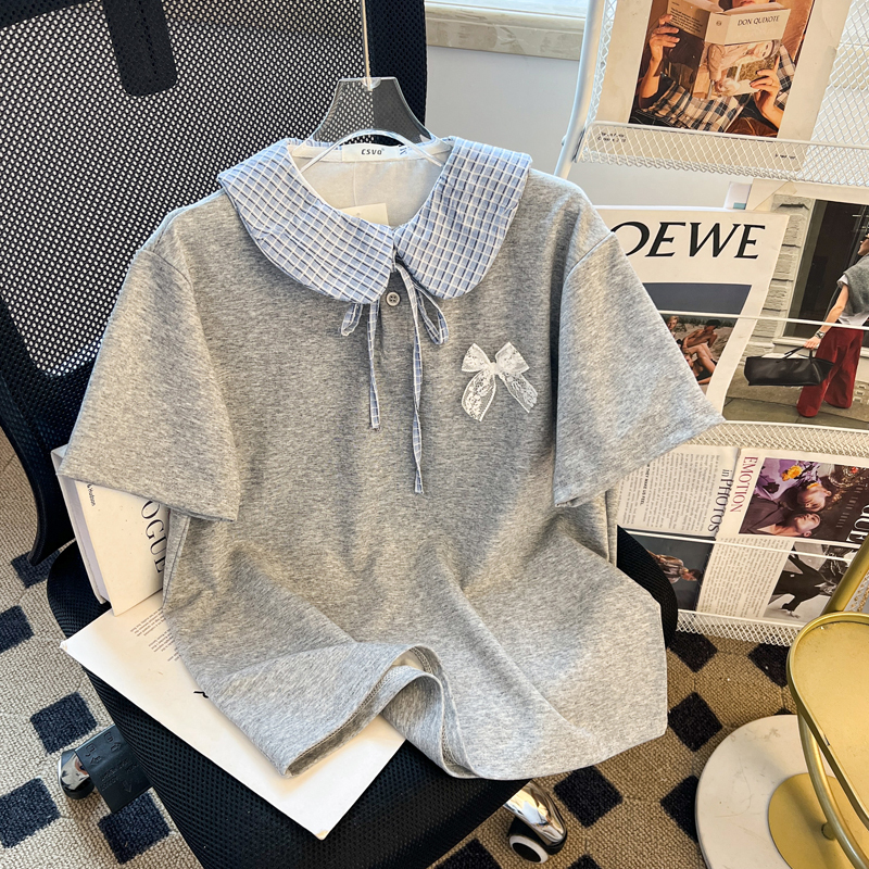 Csvq Original Plaid Patchwork Doll Collar Polo Shirt Short-Sleeved T-Shirt for Women Summer High-End Bow-Decorated Top