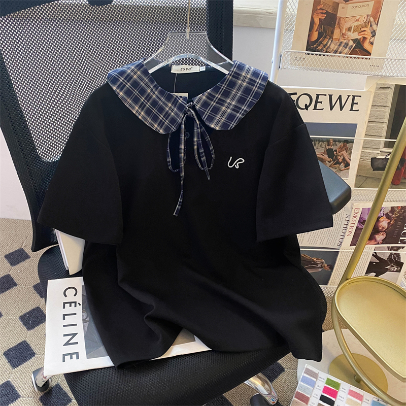 Csvq Original Plaid Patchwork Doll Collar Letter Embroidered Polo Shirt for Women, Black Stylish Short-Sleeve T-Shirt