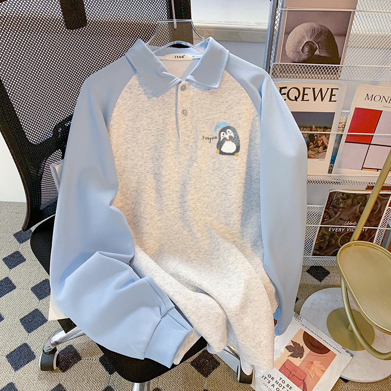Csvq Blue Cute Penguin Print Polo Shirt Long-Sleeved T-Shirt for Female College Students to Wear with a Sweatshirt Underneath Csvq Blue Cute Penguin Print Polo Shirt Long-Sleeved T-Shirt for Female College Students to Wear with a Sweatshirt Underneath