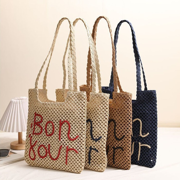 New Style Hollow Straw Bag Woven Bag Vacation Style Beach Bag Versatile Women's Bag Fashionable Letter Embroidery Single Shoulder Straw Bag