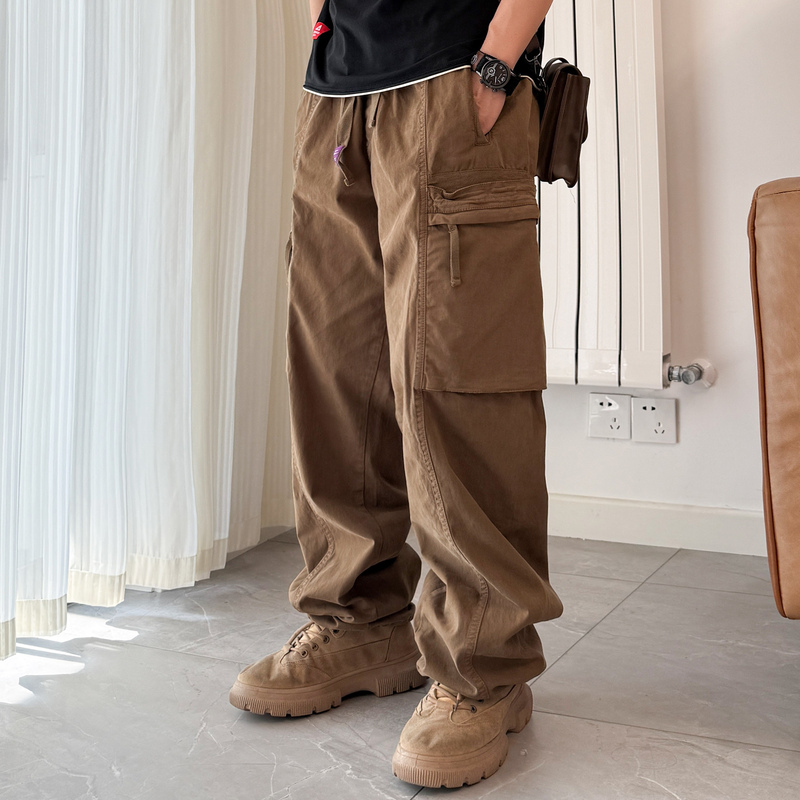 Men's Coffee-Colored Work Pants, Large Size, Extra Large, with Pockets, Outdoor, Pure Cotton, Zipper, Straight-Leg Pants, Trendy