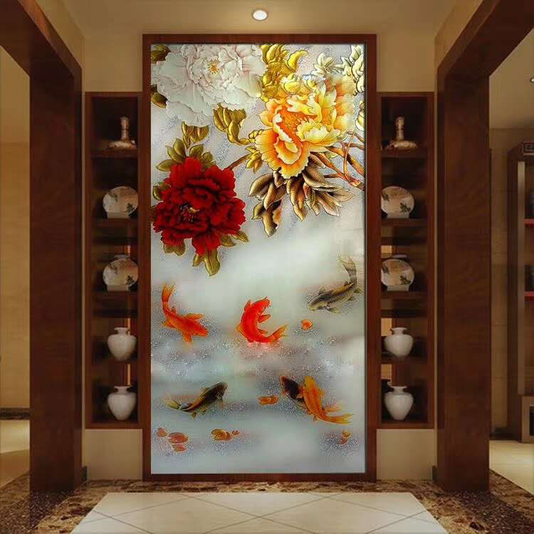 Manual deep carving process tempered art glass TV background wall screen partition frosted double-sided light-transmitting porch, etc.