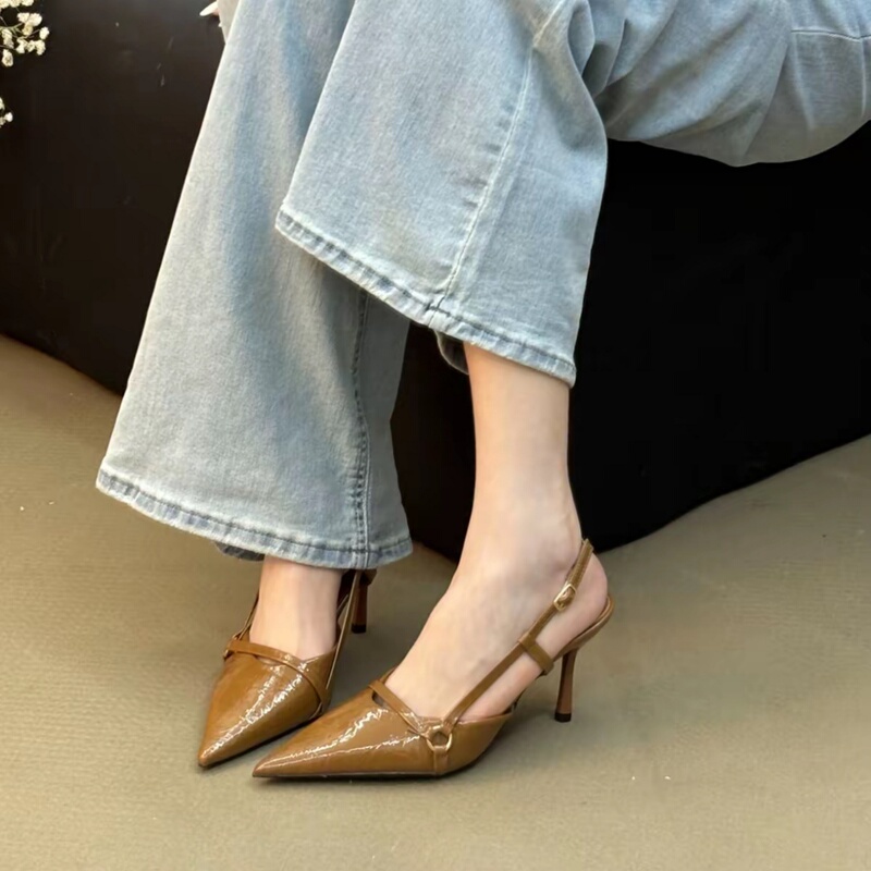 Spring and Summer New Style French Sandals for Women, Pointed Toe, Closed Toe, Fashion Sandals, Closed Toe, Belt Buckle, Brown, High-End High Heels