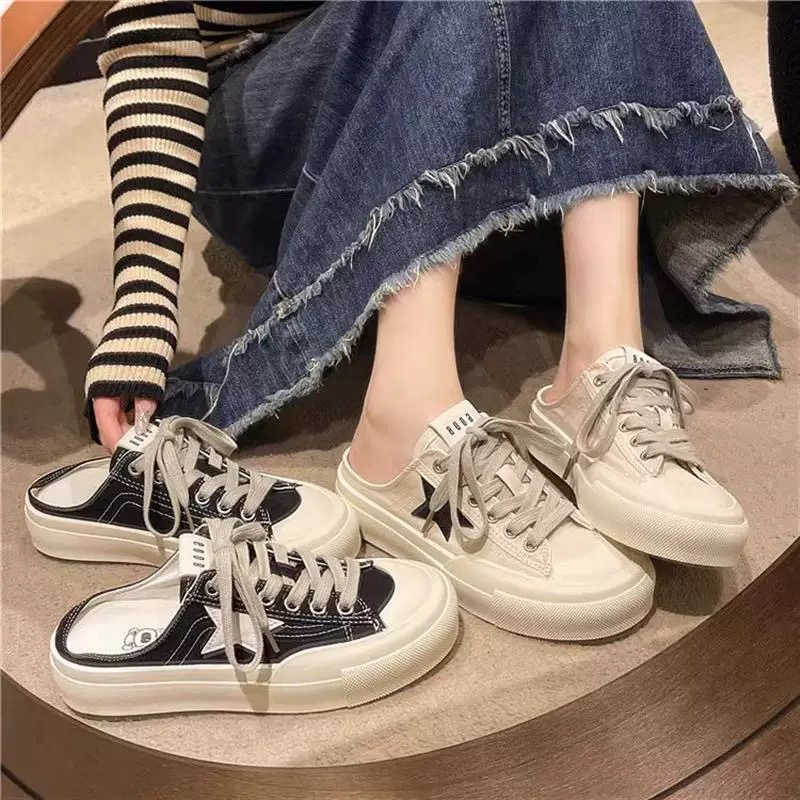 2025 Autumn New Fashionable Versatile Casual Canvas Shoes Without Heel Lazy Thick-Soled Half-Slippers for Women