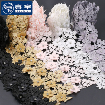 Black Beaded Rhinestone flowers White openwork Lace fabric Handmade accessories Clothes neckline skirt trim decoration