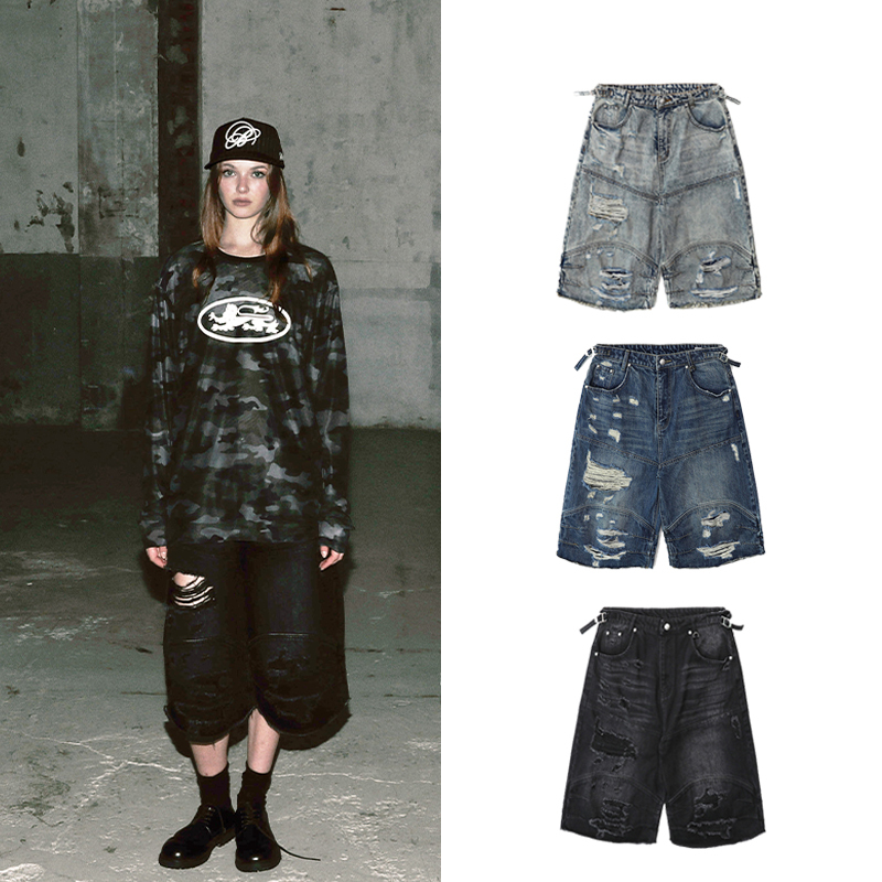 Korean Badblood American Retro Distressed Washed Ripped Jeans Street Style Loose Straight Casual Cropped Pants