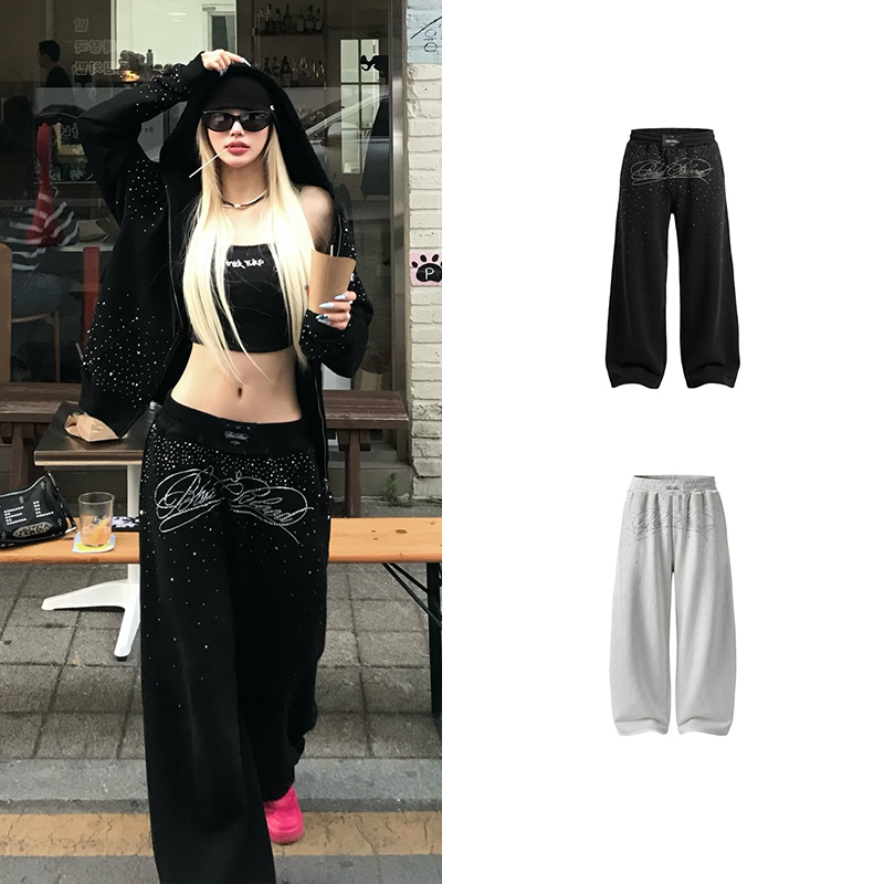 Korean Badblood American Retro Rhinestone Casual Pants for Women, Black Wide-Leg Pants, Niche Spicy Girl Sports Long Pants