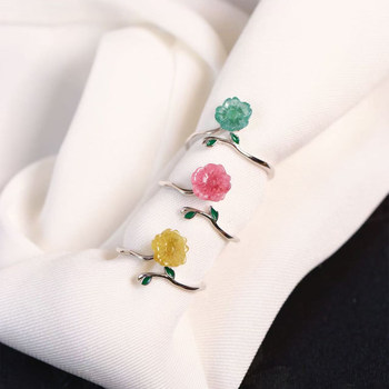 Natural tourmaline carved small flower sterling silver inlaid ring women's crystal tourmaline ring jewelry
