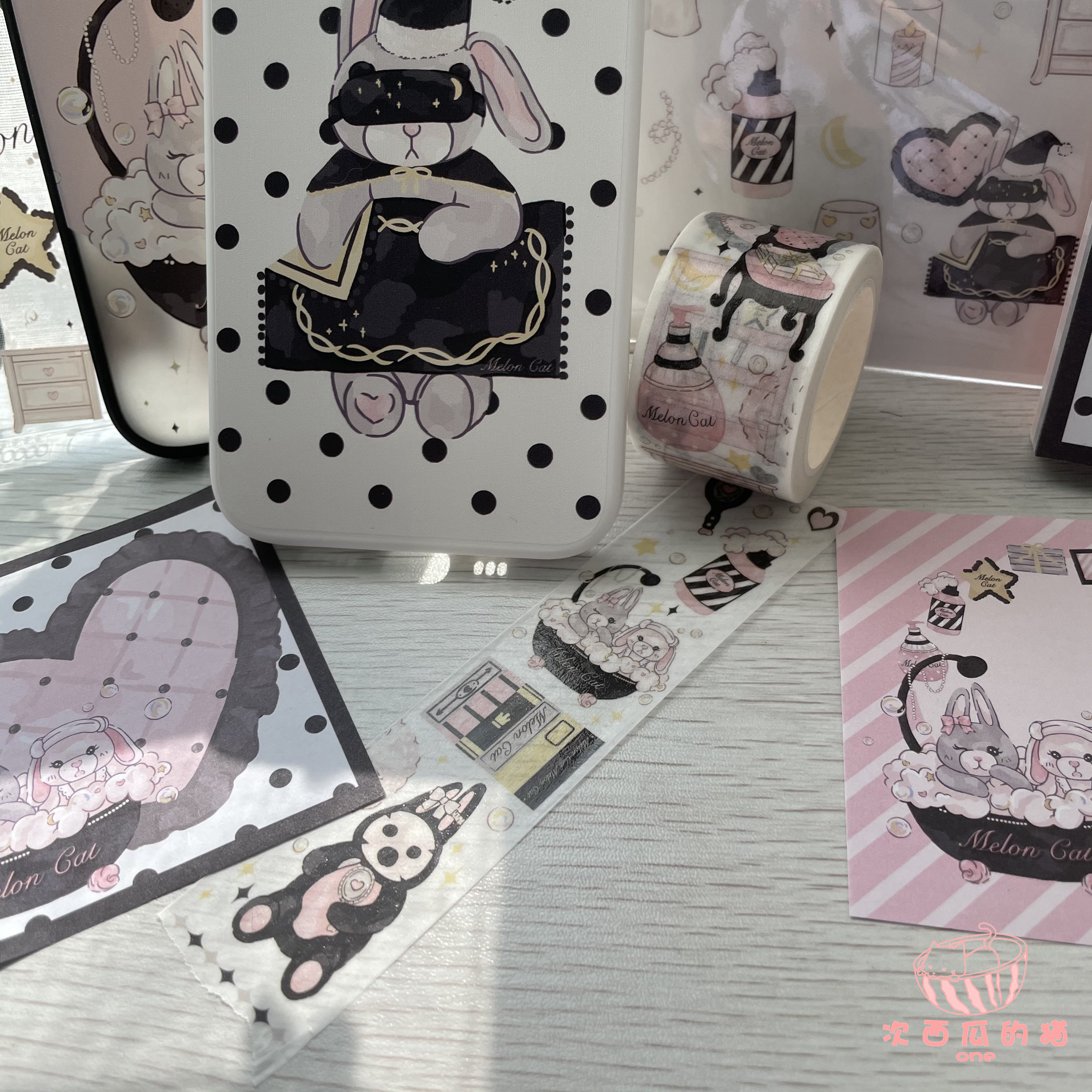 Watermelon cat × white and white rabbit black pink sweet and cute imported washi tape hand account material stickers