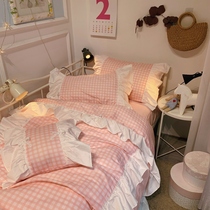 Korean drama bed products -- pure cotton plaid lotus leaf side four pieces of INS Wind girl Jane about cute Korean bed products