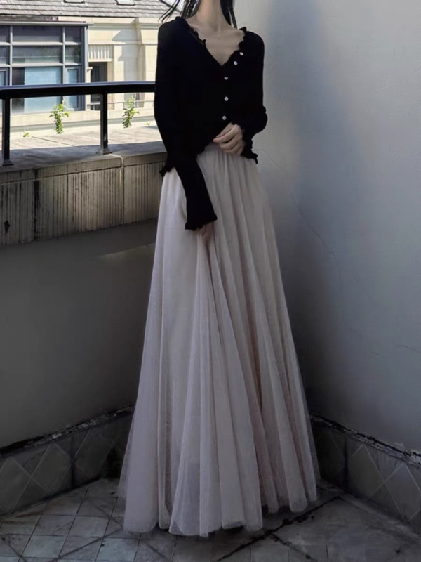 High-End Two-Layer Mesh Skirt, Long Ankle-Length New Style Gauze Skirt with Drape, High Waist, Hip-Covering, Large Hem, A-Line Long Skirt